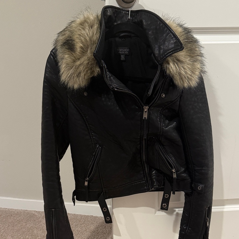 Topshop Black Leather Jacket with Removable Faux Fur Collar